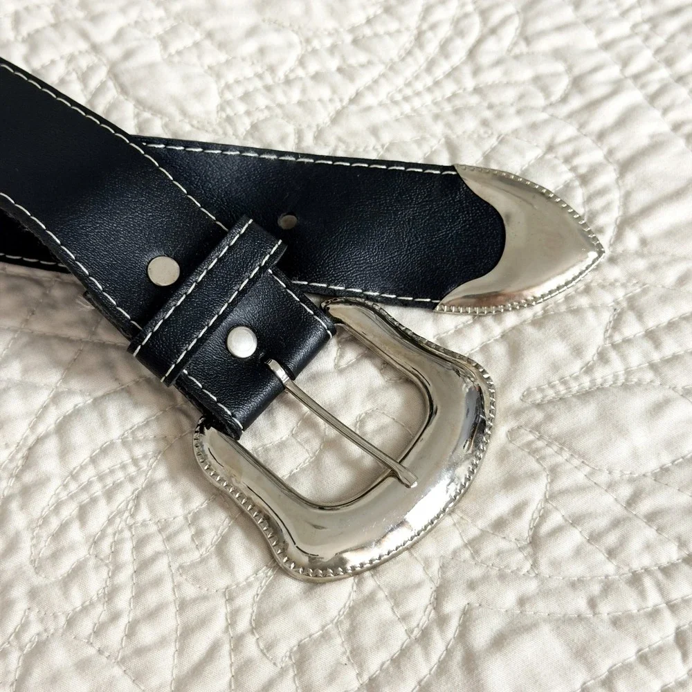 Western Black Contrast Stitch Belt Silver Buckle Grunge Cowgirl Y2K